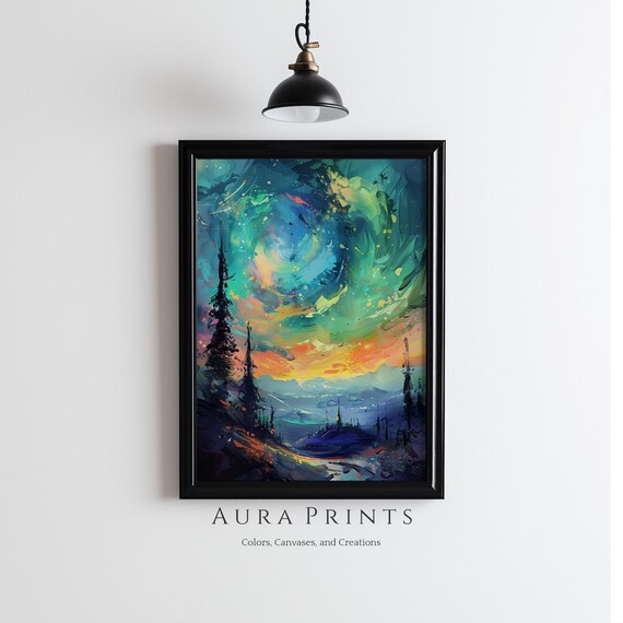 Aurora Borealis Dancing Sky Painting Wall Art Vintage Rustic Farmhouse Cottage Decor 0830