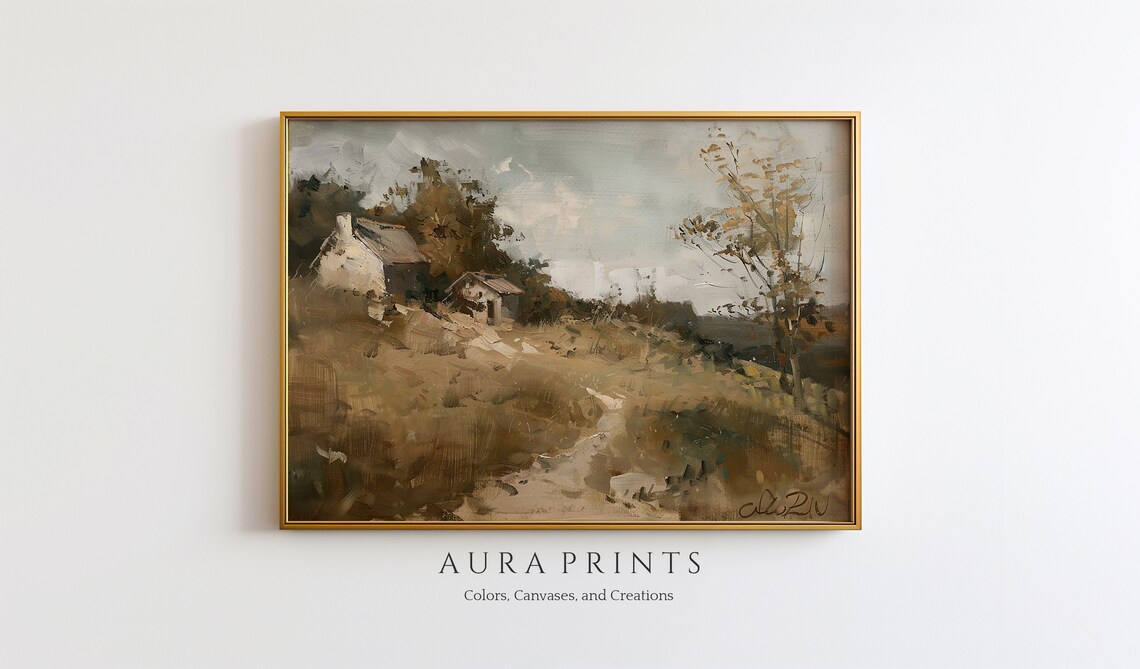 Rustic Cottage Countryside Path Golden Field Vintage Oil Poster