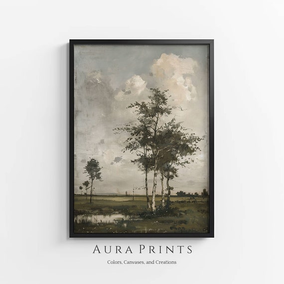 Pastoral Scene With Trees Rustic Landscape Art Vintage Cottage Wall Decor Gift 1032