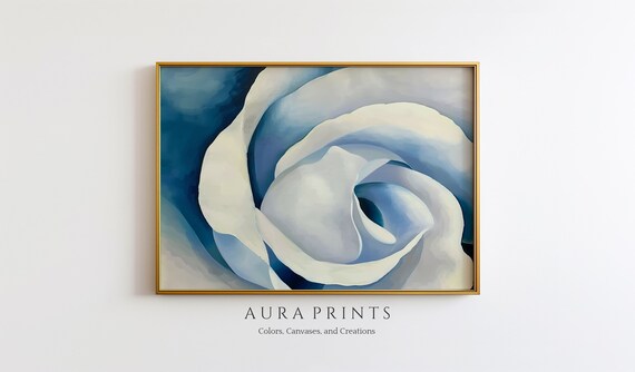 White Rose Close Up Blue Tones Elegant Floral Painting Poster