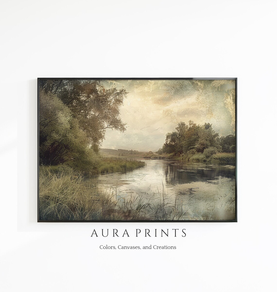 Vintage European Riverside Farmhouse Sepia Landscape Painting Poster