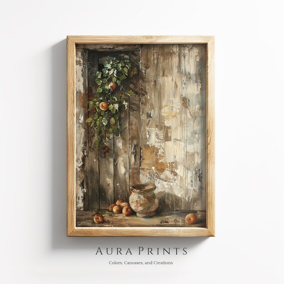 Rustic Apples and Clay Pot Vintage Farmhouse Still Life Painting Poster
