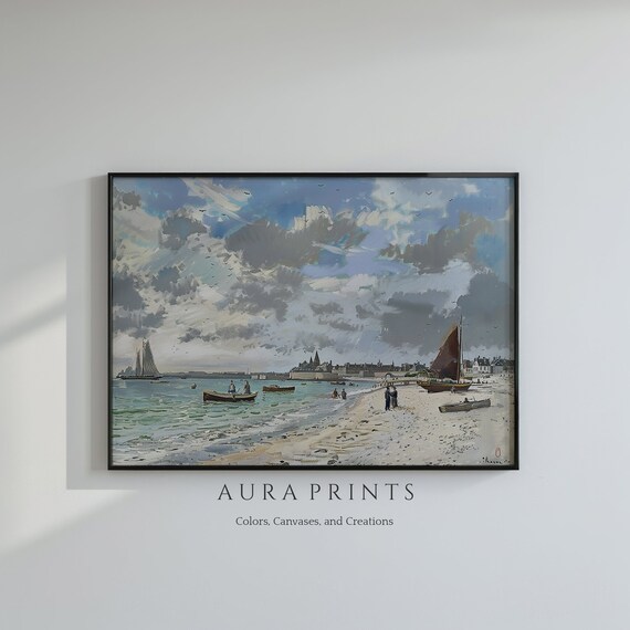 Vintage Seaside Town Beach Sailboats Impressionist Coastal Poster