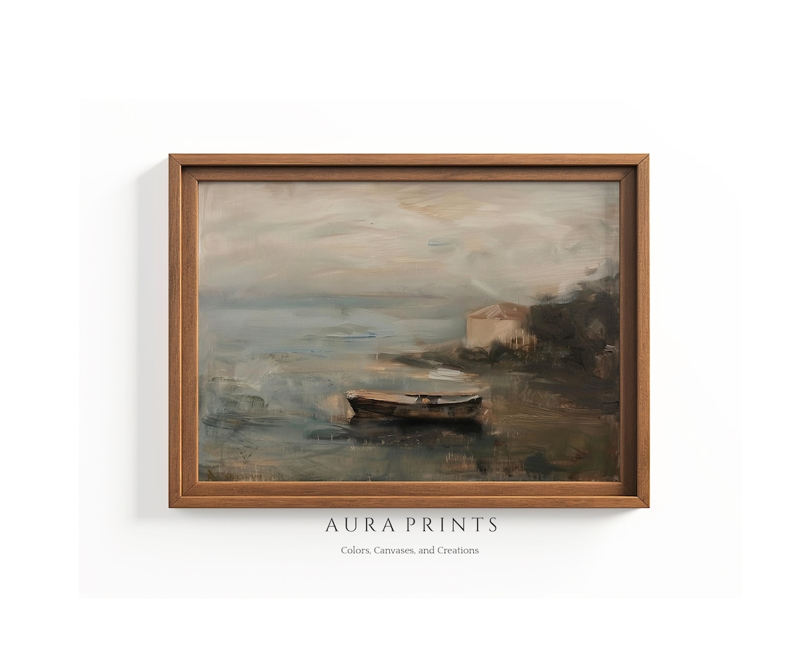 European Coastal House Vintage Oil Painting Rustic Boat Poster