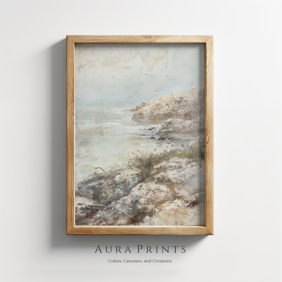 Muted Coastal Seascape Painting Misty Rocky Shoreline Art Poster