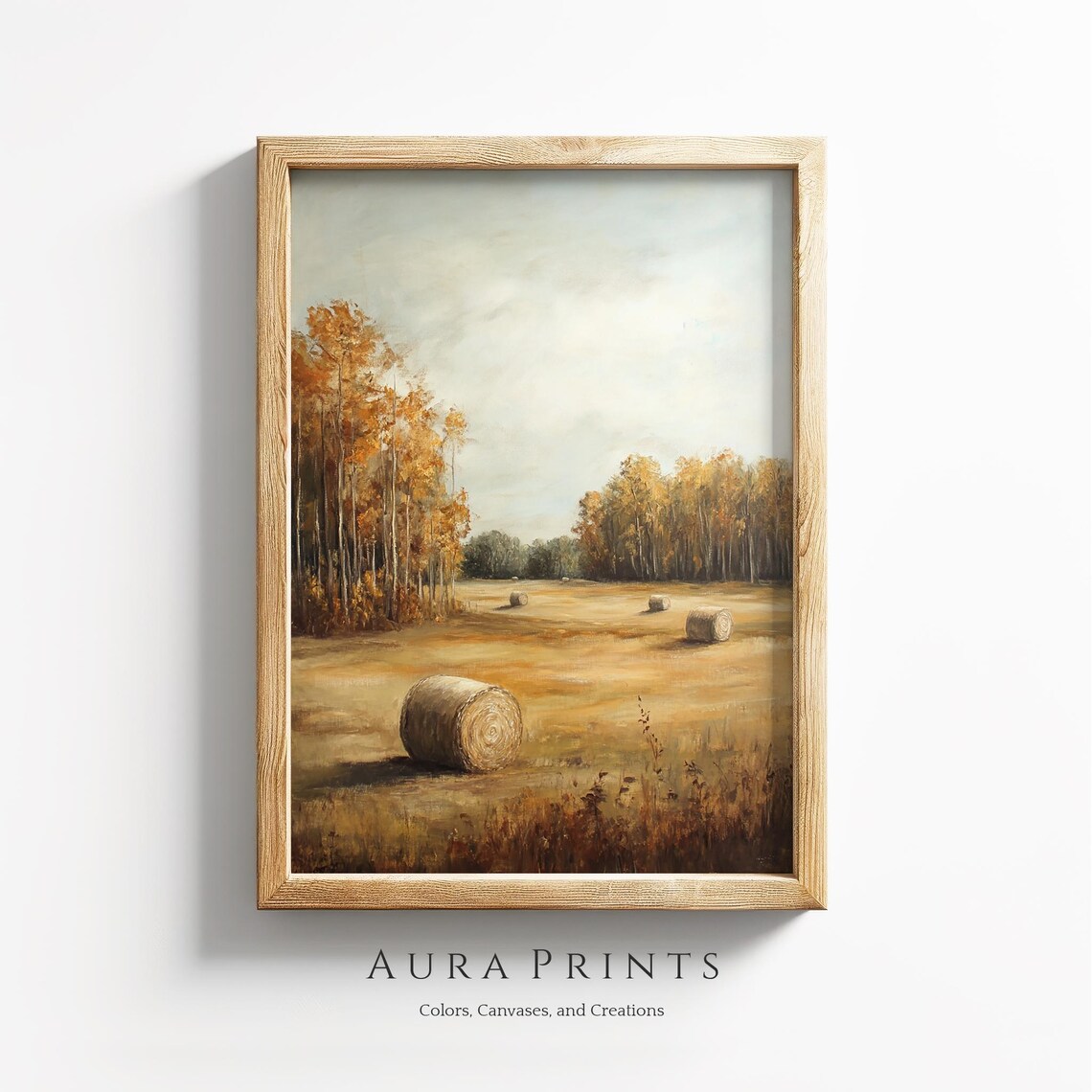 Autumn Field Hay Bales Golden Birch Trees Farm Landscape Wall Art