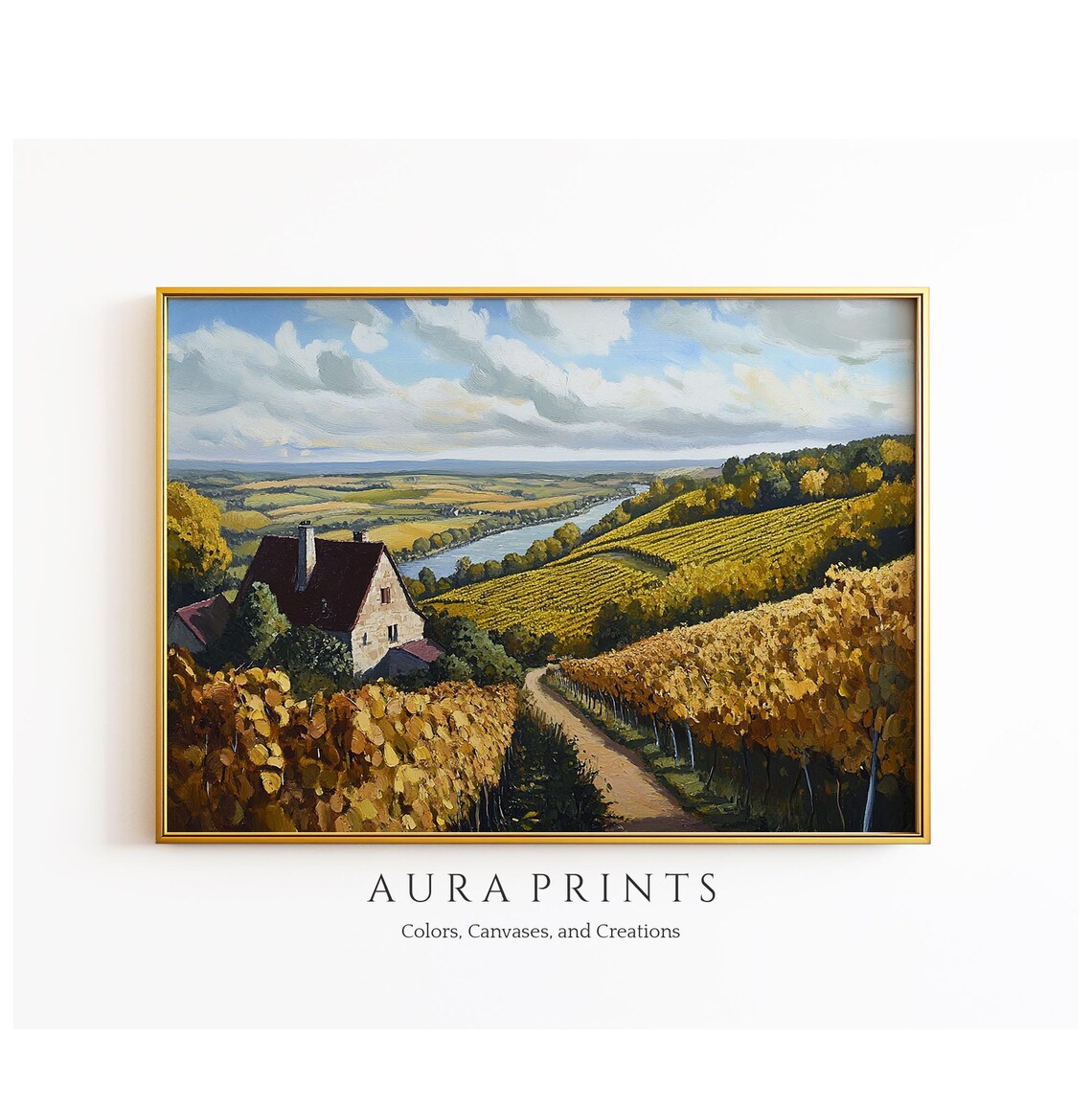 Golden Vineyard Hillside Farmhouse River Valley Oil Painting Poster
