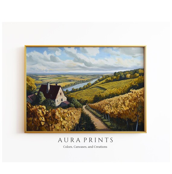 Golden Vineyard Hillside Farmhouse River Valley Oil Painting Poster