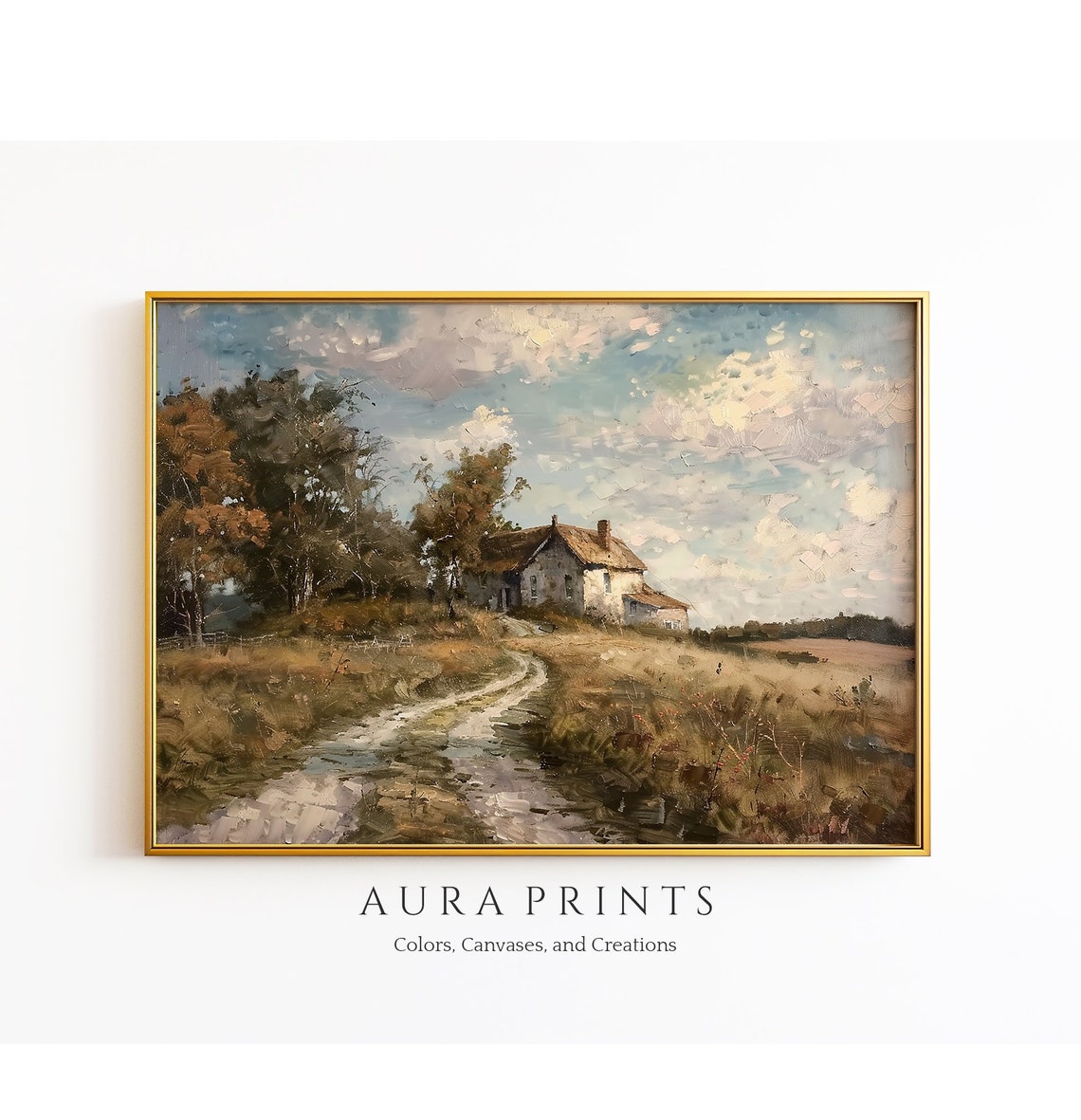 Rustic Country Cottage Oil Painting Cloudy Sky Landscape Poster