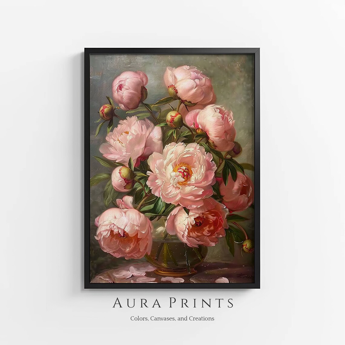 Pink Peonies In Glass Vase Vintage Still Life Floral Oil Art Poster