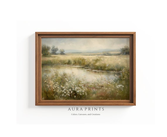 Cottage Style Rustic Pond Among Grassfield Vintage Spring Wall Art 0398