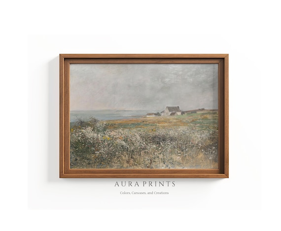 Coastal Farmhouse Blooming Fields Rustic Seascape Art Painting Poster