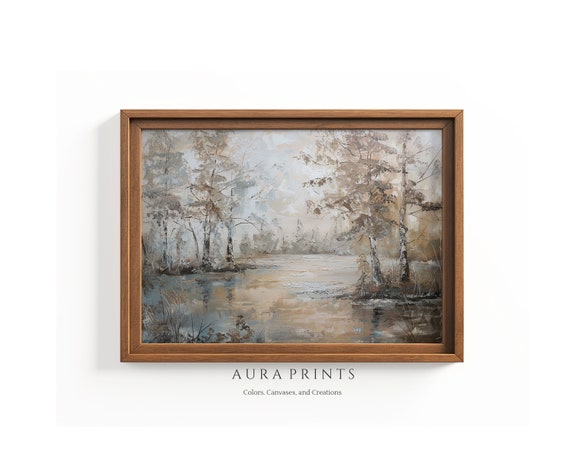 Flowing River Through Meadows Painting Farmhouse Wall Art For Living Room 0604