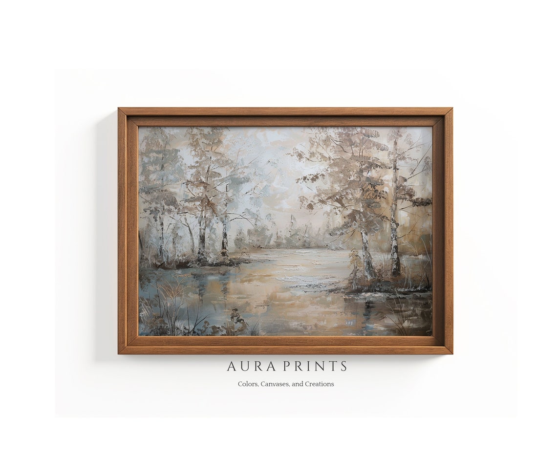 Misty River Through Meadows Muted Winter Forest Painting Poster