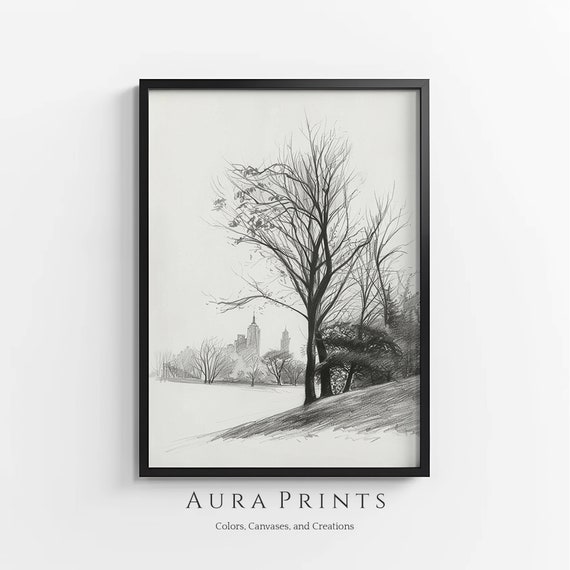Central City Park Sketch Urban Nature Illustration Vintage Cottage Wall Decor Rustic Farmhouse Gift 0966