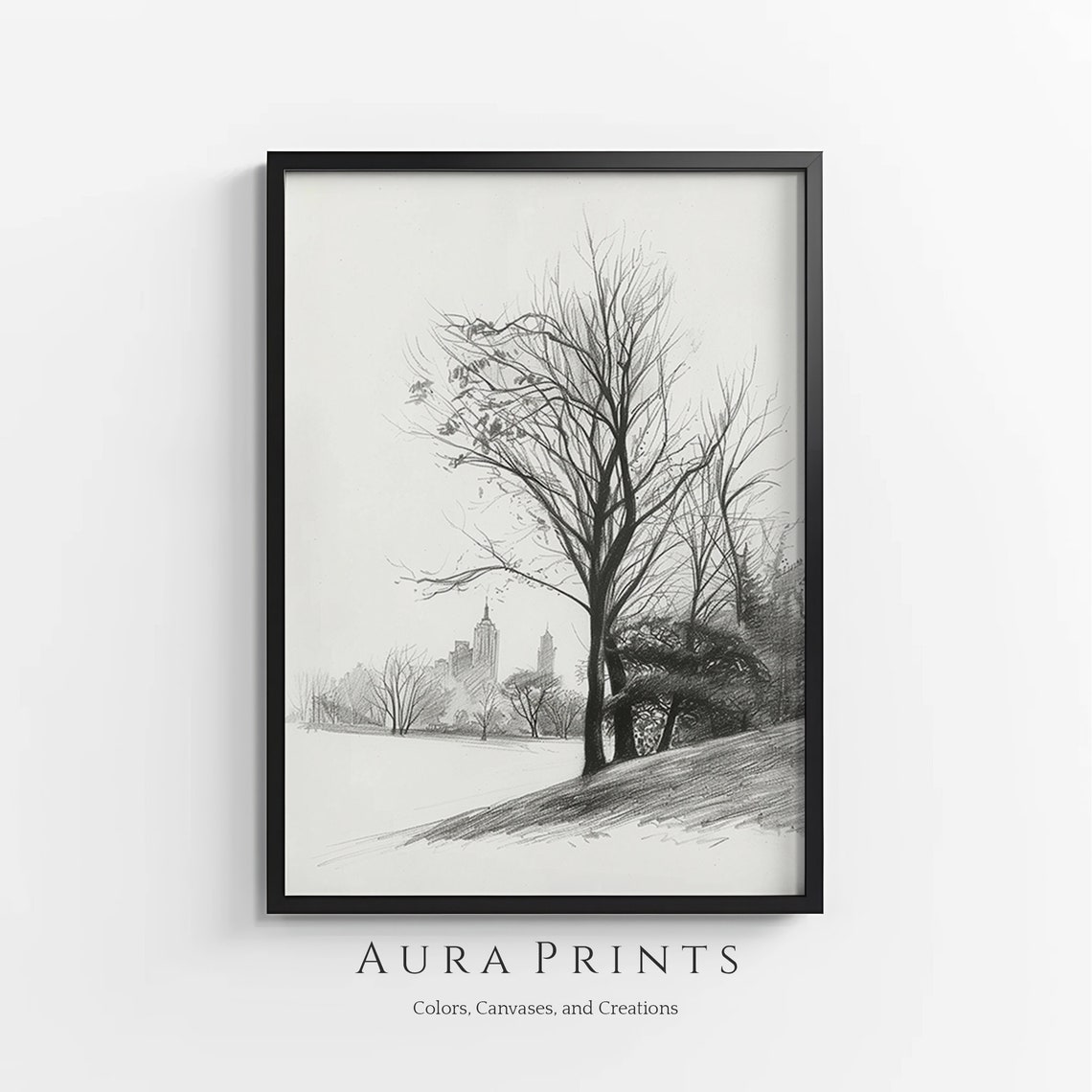 City Park Pencil Sketch Bare Trees Skyline Minimalist Art Print