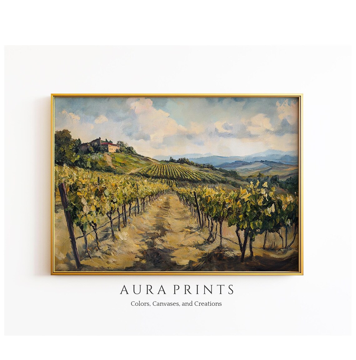 Golden Tuscan Vineyard Rows Countryside Oil Painting Landscape Poster