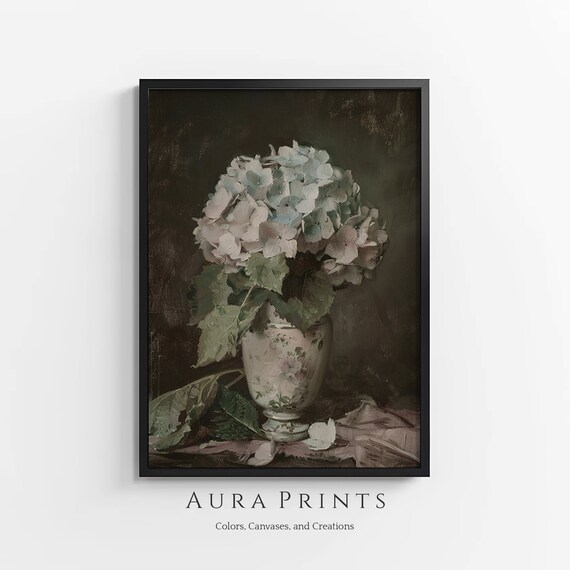White Hydrangea Floral Vase Vintage Still Life Painting Poster
