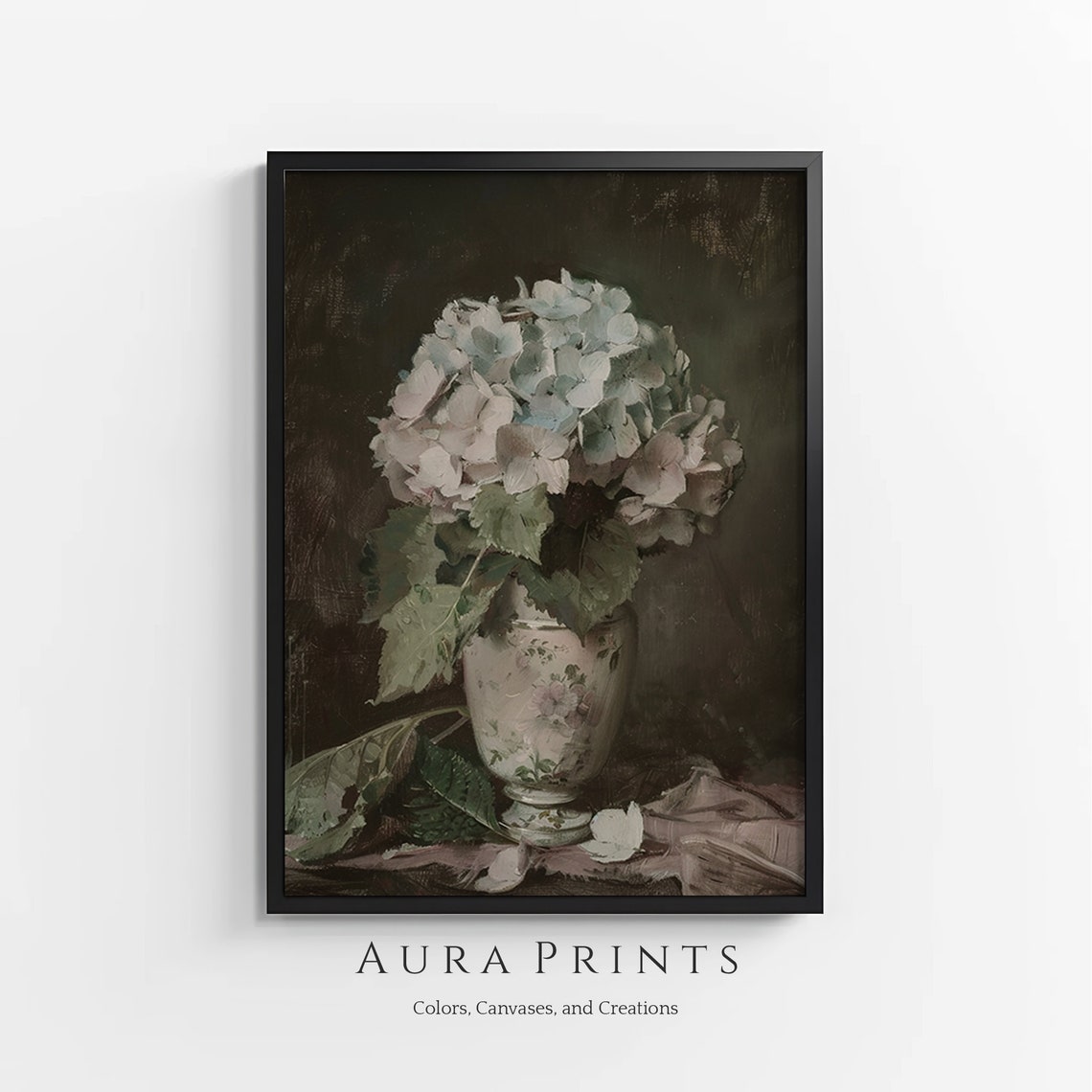 White Hydrangea Floral Vase Vintage Still Life Painting Poster