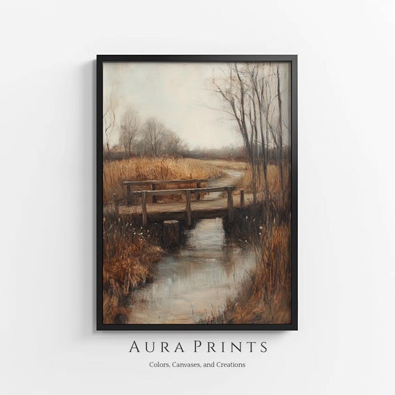 Rustic Bridge Over Stream Painting Golden Wheat Fields And Oak Trees Vintage Art 1210
