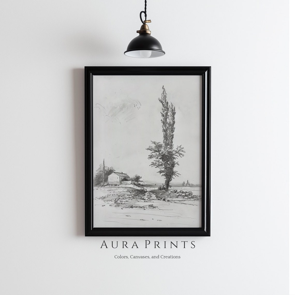 Meadow Pencil Sketch with Tall Tree and Farmhouse Art Poster