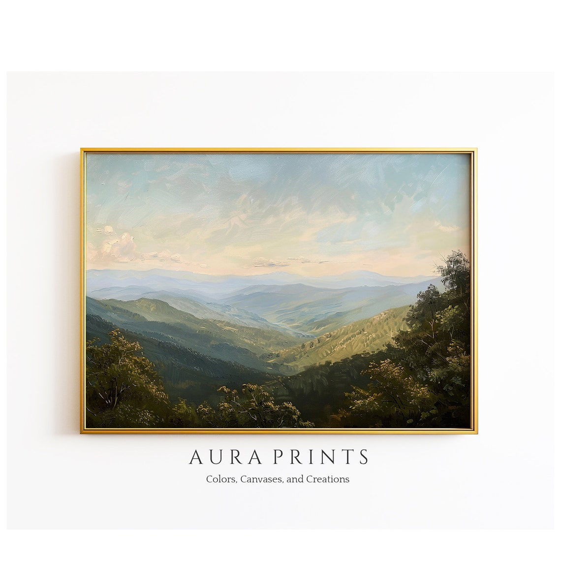 Misty Blue Mountain Valley Panoramic Oil Landscape Painting Poster