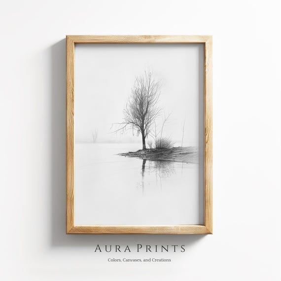Lake View Scene Cottage Pencil Art Neutral Nursery Decor Farmhouse Vintage Antique Gift 1148