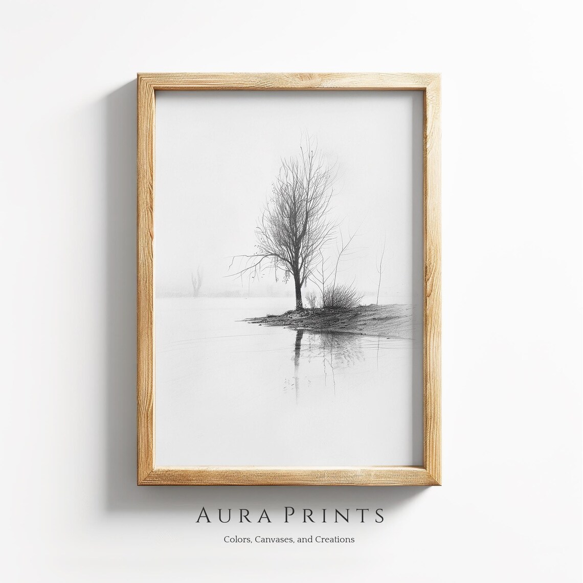 Minimalist Pencil Sketch of a Lone Tree on a Misty Lake Shore Poster