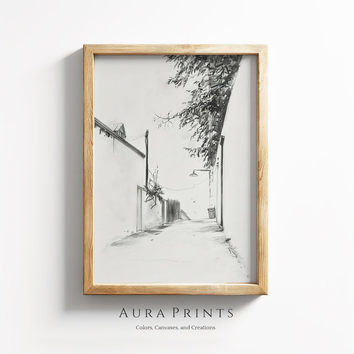 Quaint City Alley Pencil Sketch Black and White Urban Drawing Poster
