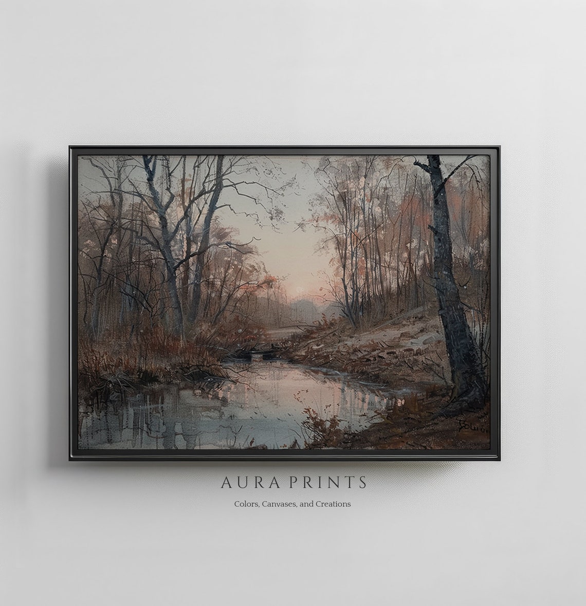 Woodland Creek At Dusk Bare Forest Watercolor Landscape Poster