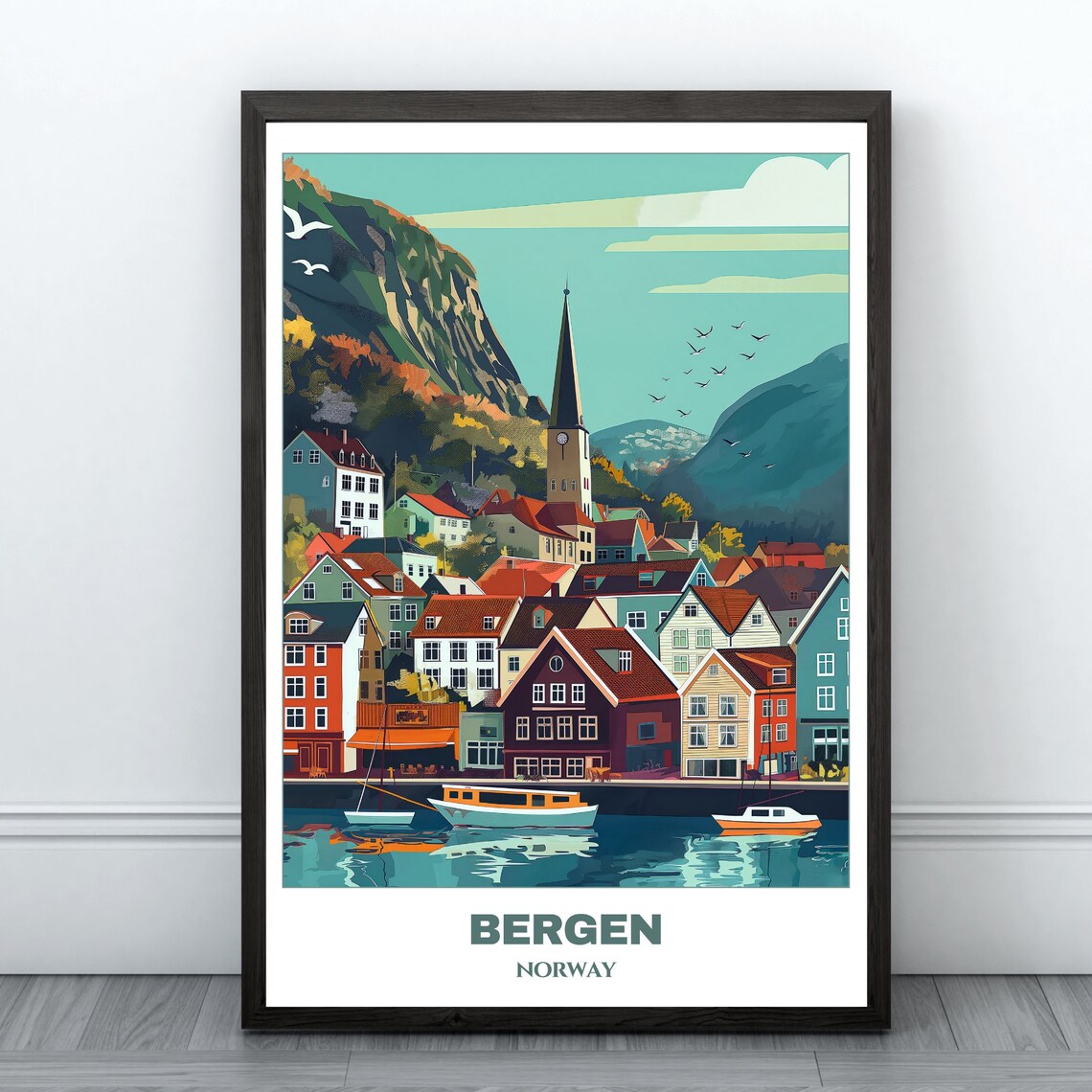 Bergen Waterfront Historic Church Colorful Houses Boats Poster