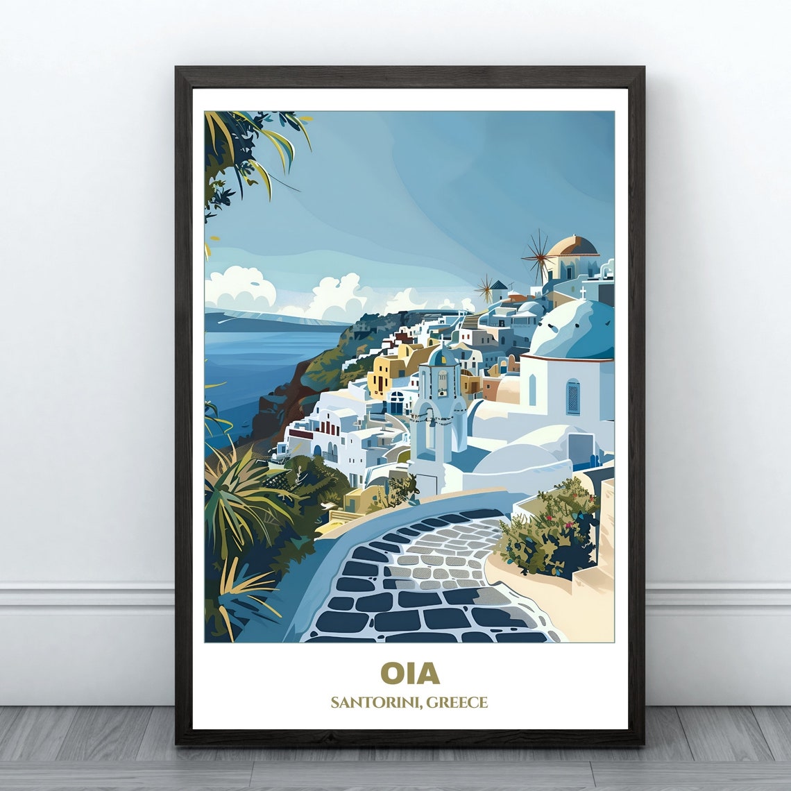 Oia Santorini Greece Whitewashed Village Windmills Blue Domes Poster