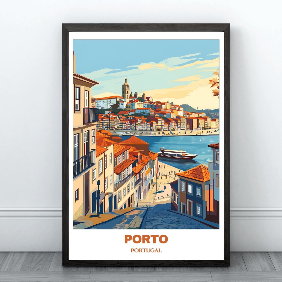Porto Portugal Douro River Old Town Cobblestone Vintage Travel Poster