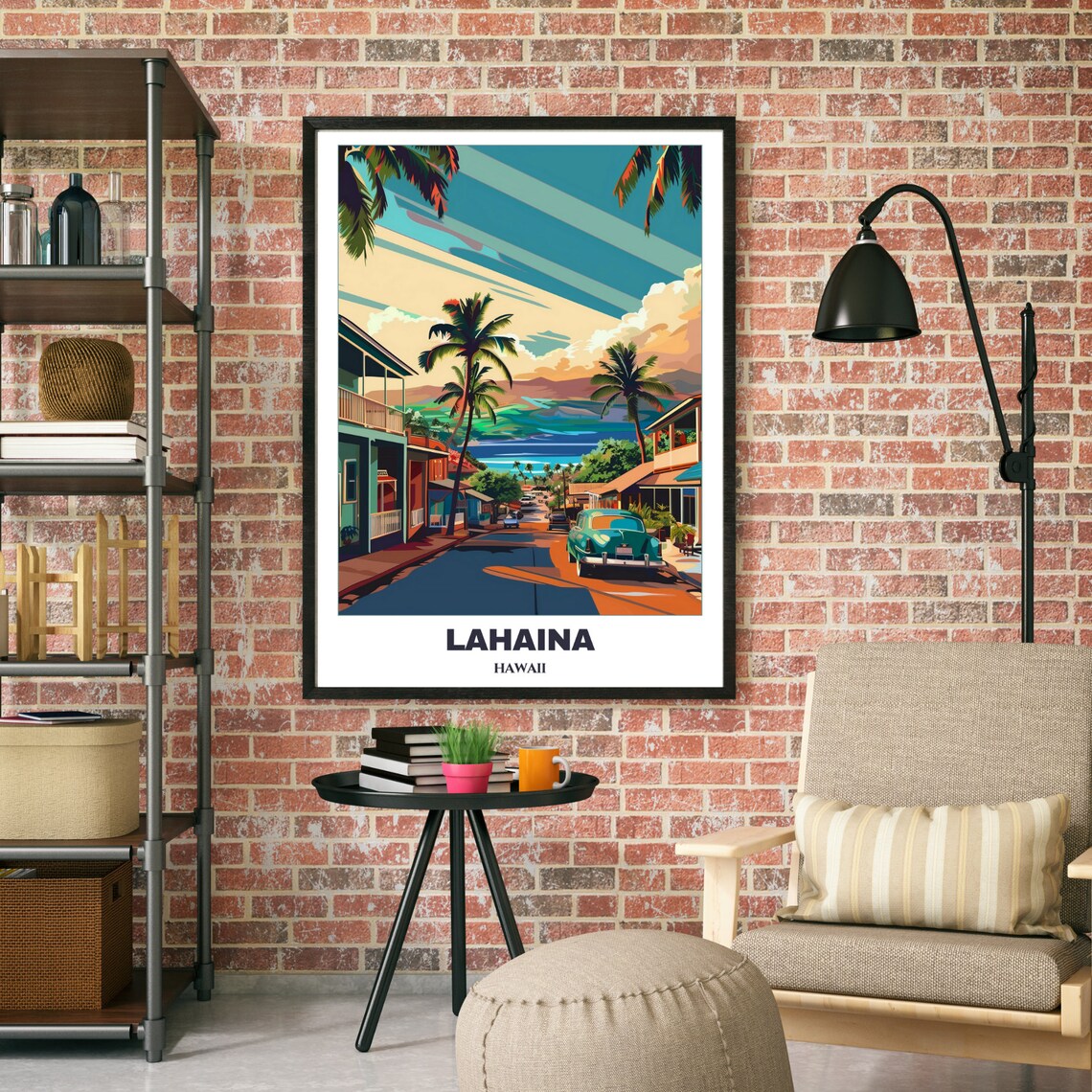 Lahaina Hawaii Vintage Car Palm Street Ocean View Travel Poster - Image 2