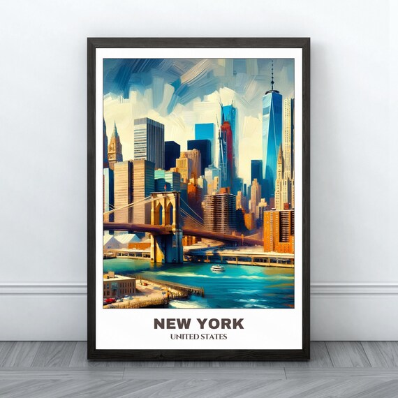 New York Brooklyn Bridge Skyline Impressionist Painting Travel Poster