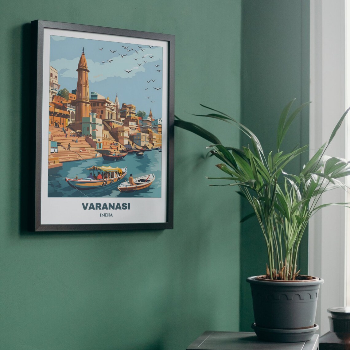 Varanasi India Ghats Temple Spire Canopied Boat Travel Poster - Image 4