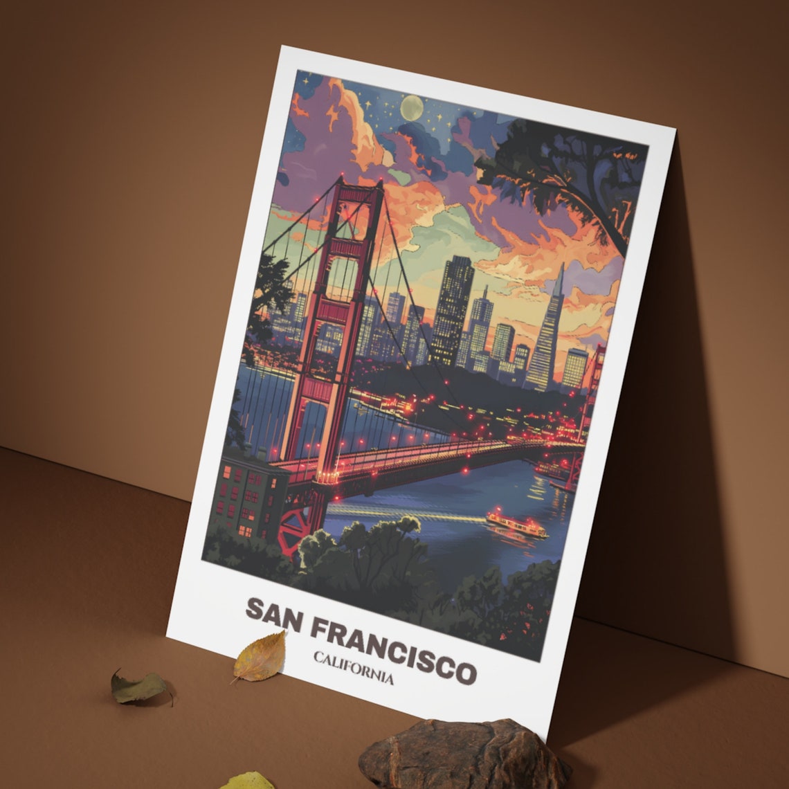 San Francisco Golden Gate Bridge Night Skyline Travel Poster - Image 4