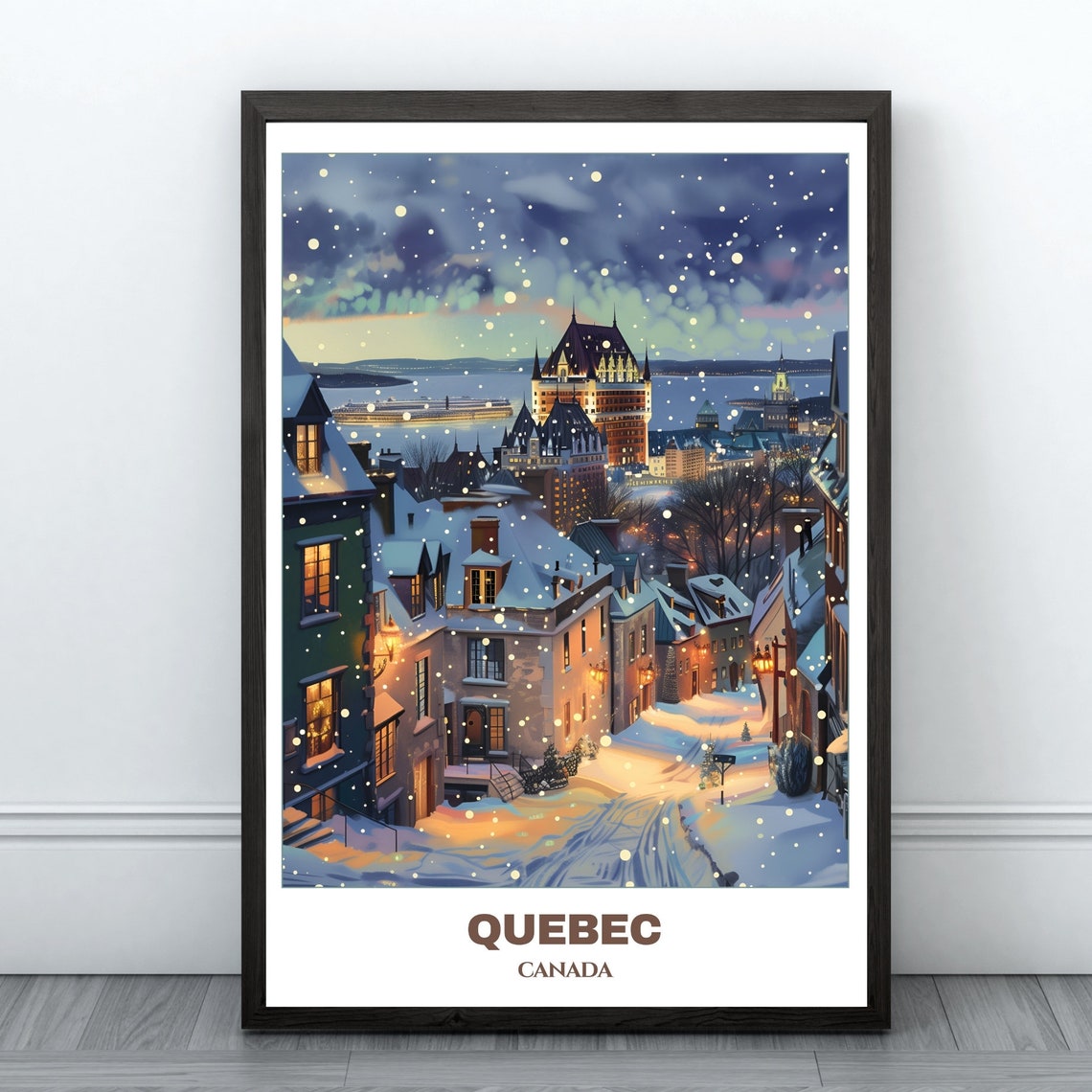 Quebec Canada Winter Snow Chateau Frontenac Night Travel Poster