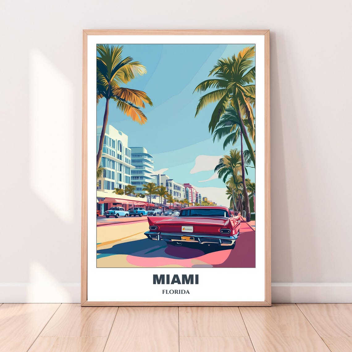 Miami Florida Ocean Drive Art Deco Classic Car Vintage Travel Poster - Image 3