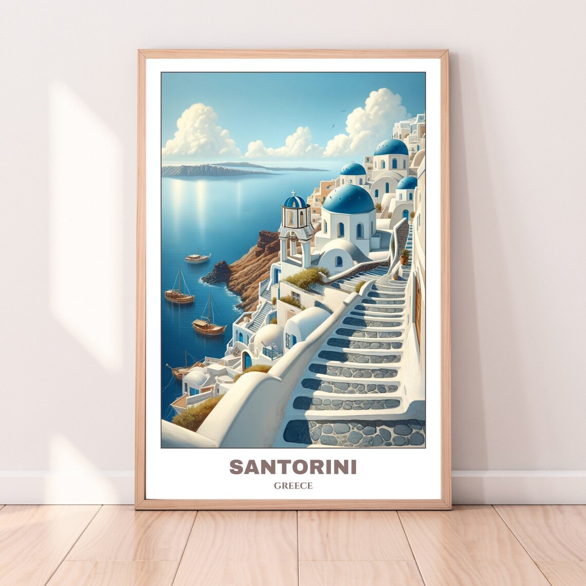Santorini Travel Poster, Greece Cityscape Painting Print - Image 3