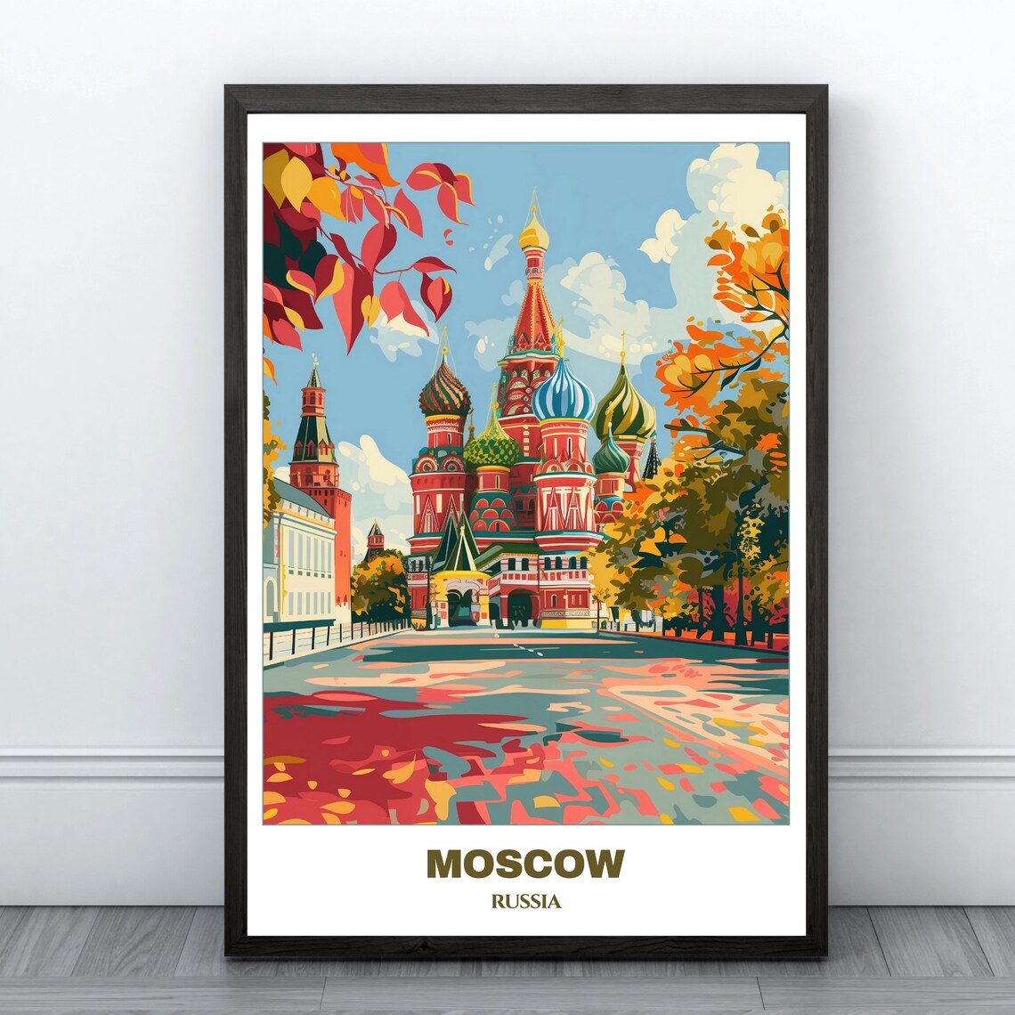 Moscow Russia Saint Basil Cathedral Autumn Leaves Travel Poster