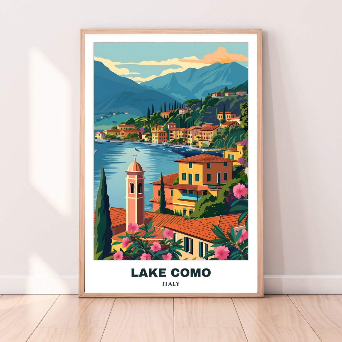 Lovely Lake Como Italy Pink Bell Tower Hillside Town Travel Poster - Image 4