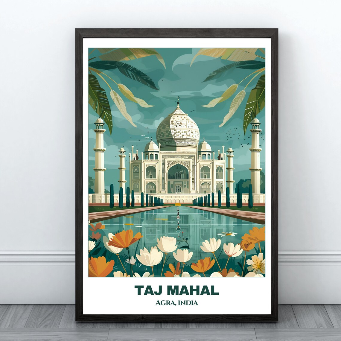 Taj Mahal Agra India Floral Garden Reflection Vintage Poster