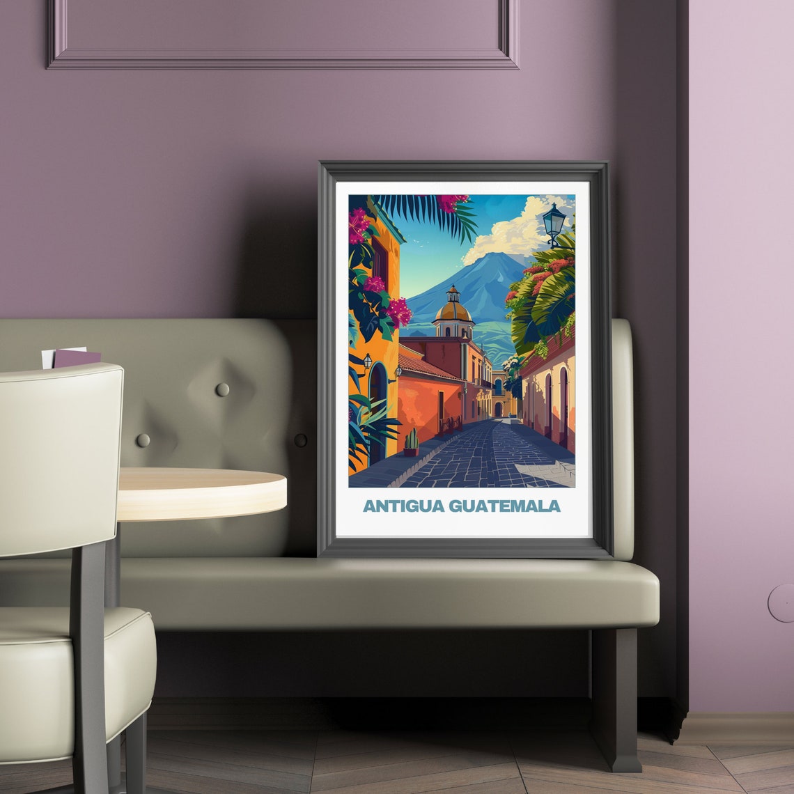 Antigua Guatemala Colonial Street Volcano Bougainvillea View Poster - Image 2