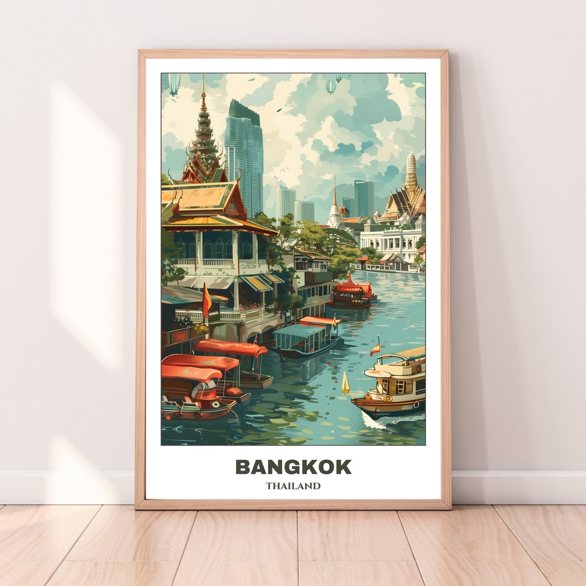 Bangkok Thailand Riverside Wharf Longtail Boats Temple Spires Poster - Image 3