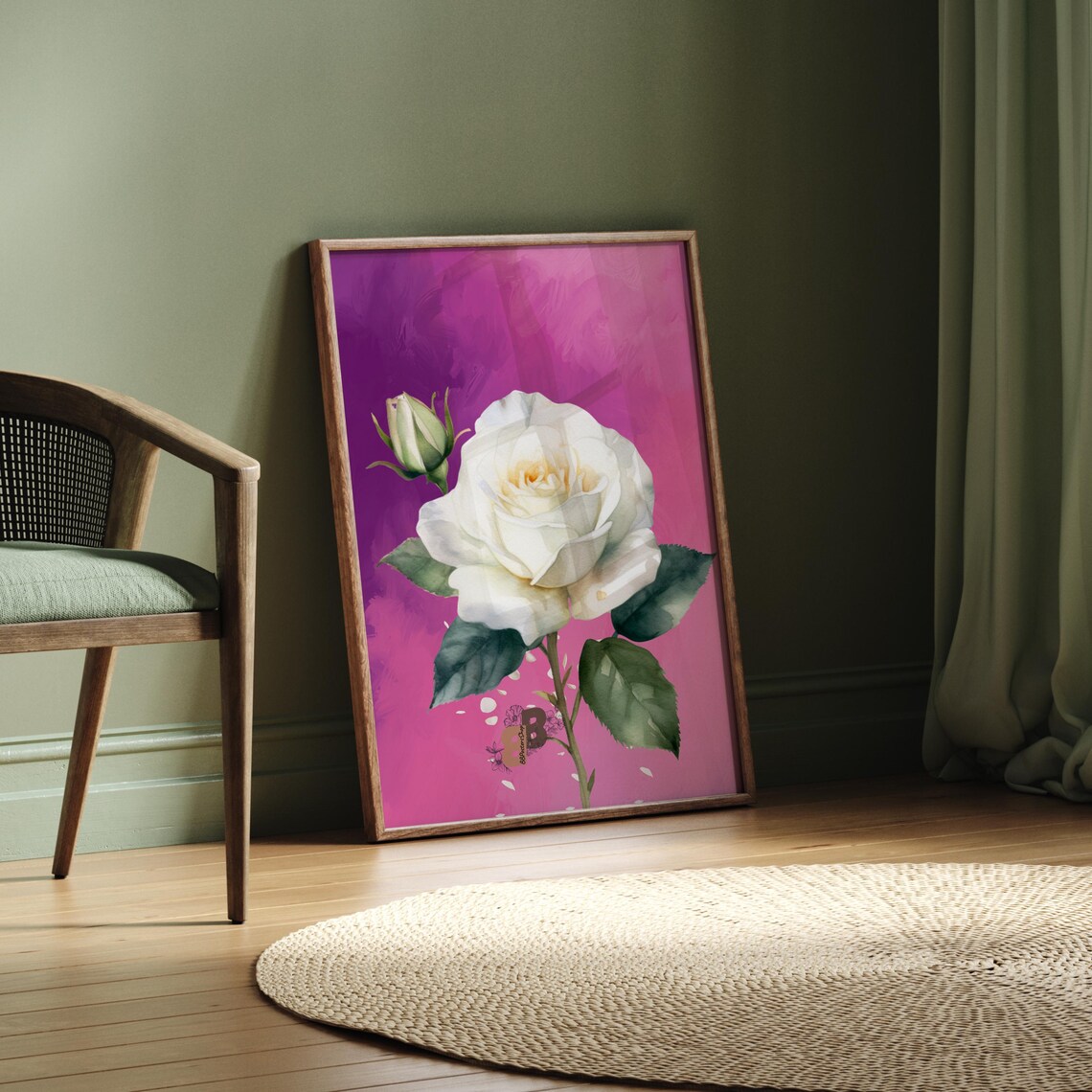 White Rose Bloom on Pink Gradient Watercolor Floral Art Poster