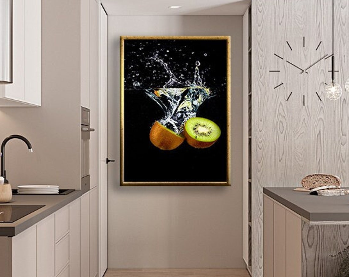 Kiwi Slices Splashing Water Black Background Fruit Photography Poster