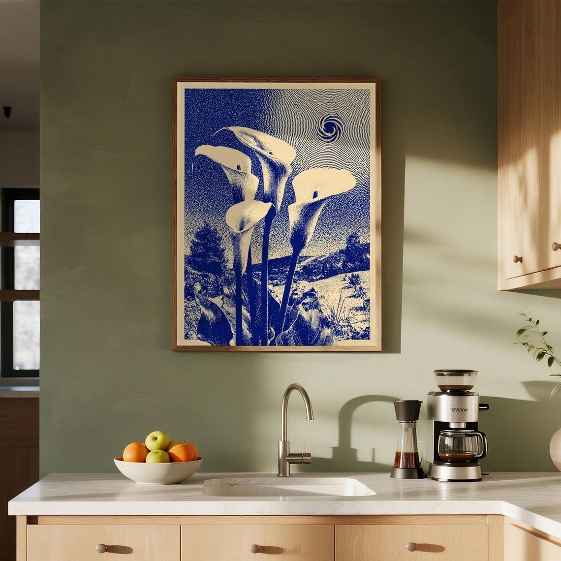 Abstract Blue White Calla Lily Flowers Spiral Sun Night Poster