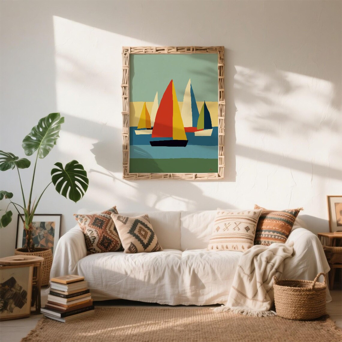 Colorful Abstract Sailboats Regatta Midcentury Nautical Art Poster