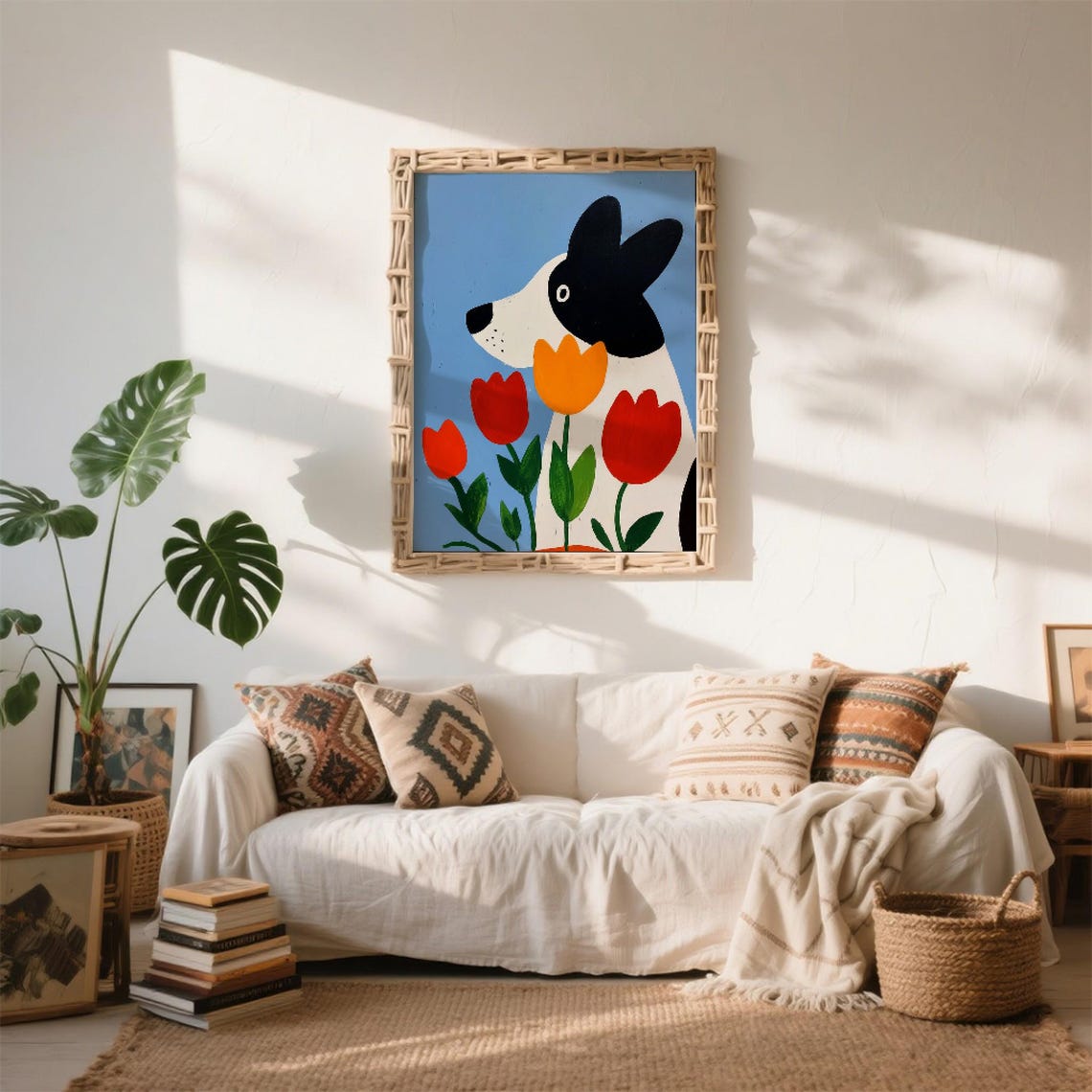 Naive Folk Art Dog Among Red Tulips Whimsical Pet Wall Poster